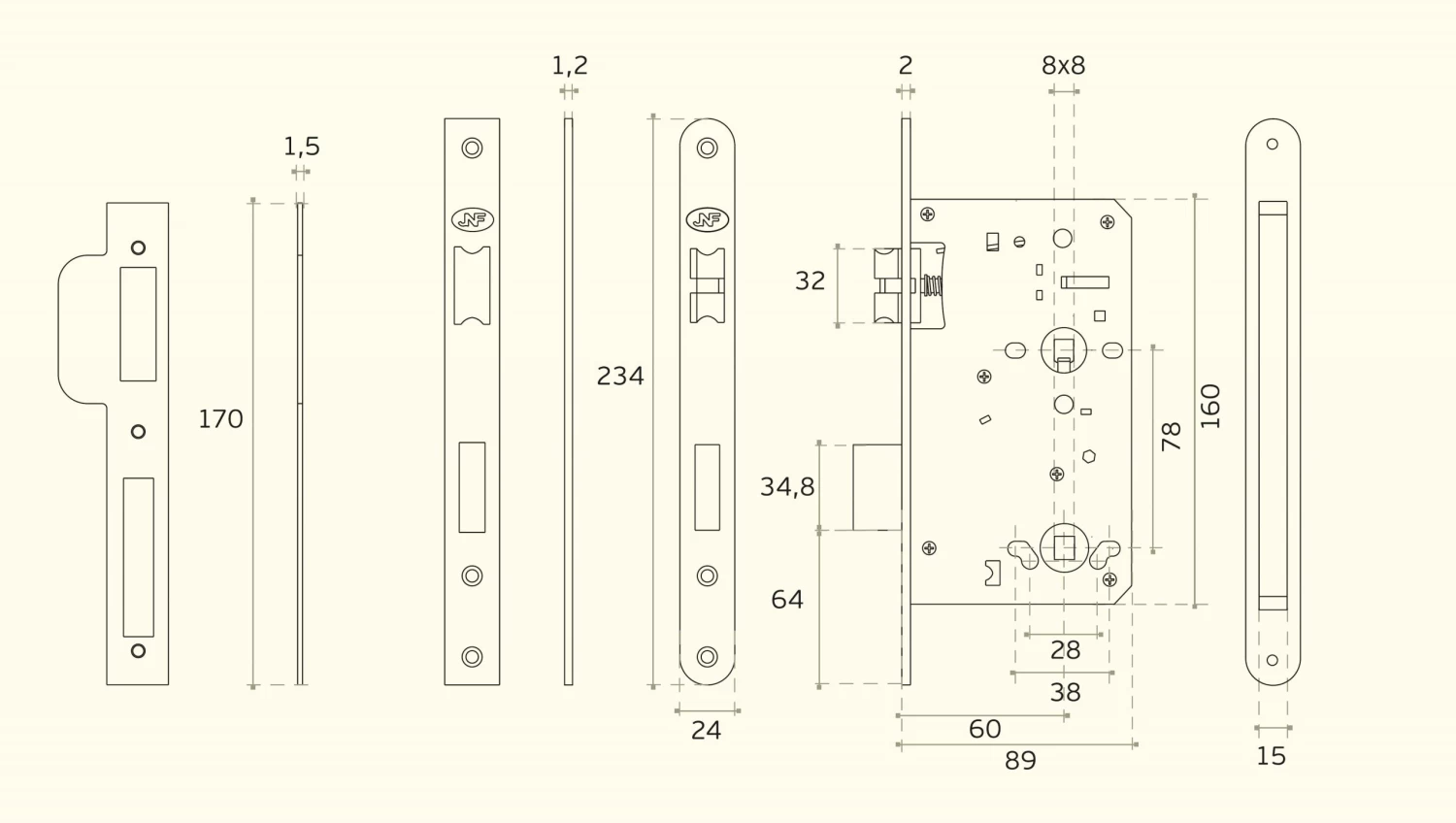 JNF Mortice Locks & Latches IN.20.896 Bathroom Mortice Lock (60 - 78mm)